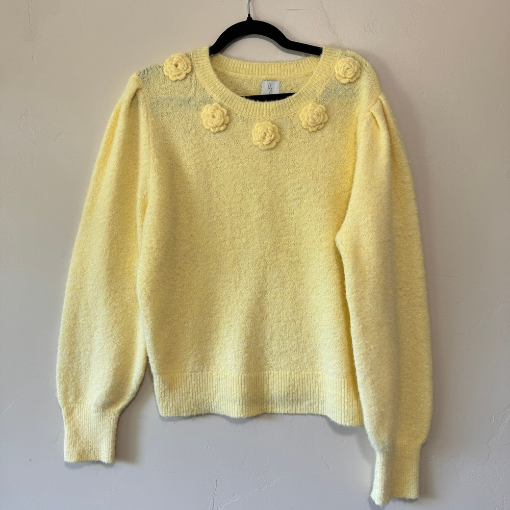 Joie Sweater Women XL Yellow‎ Floral Applique Puff Sleeve Knit Crewneck Pullover